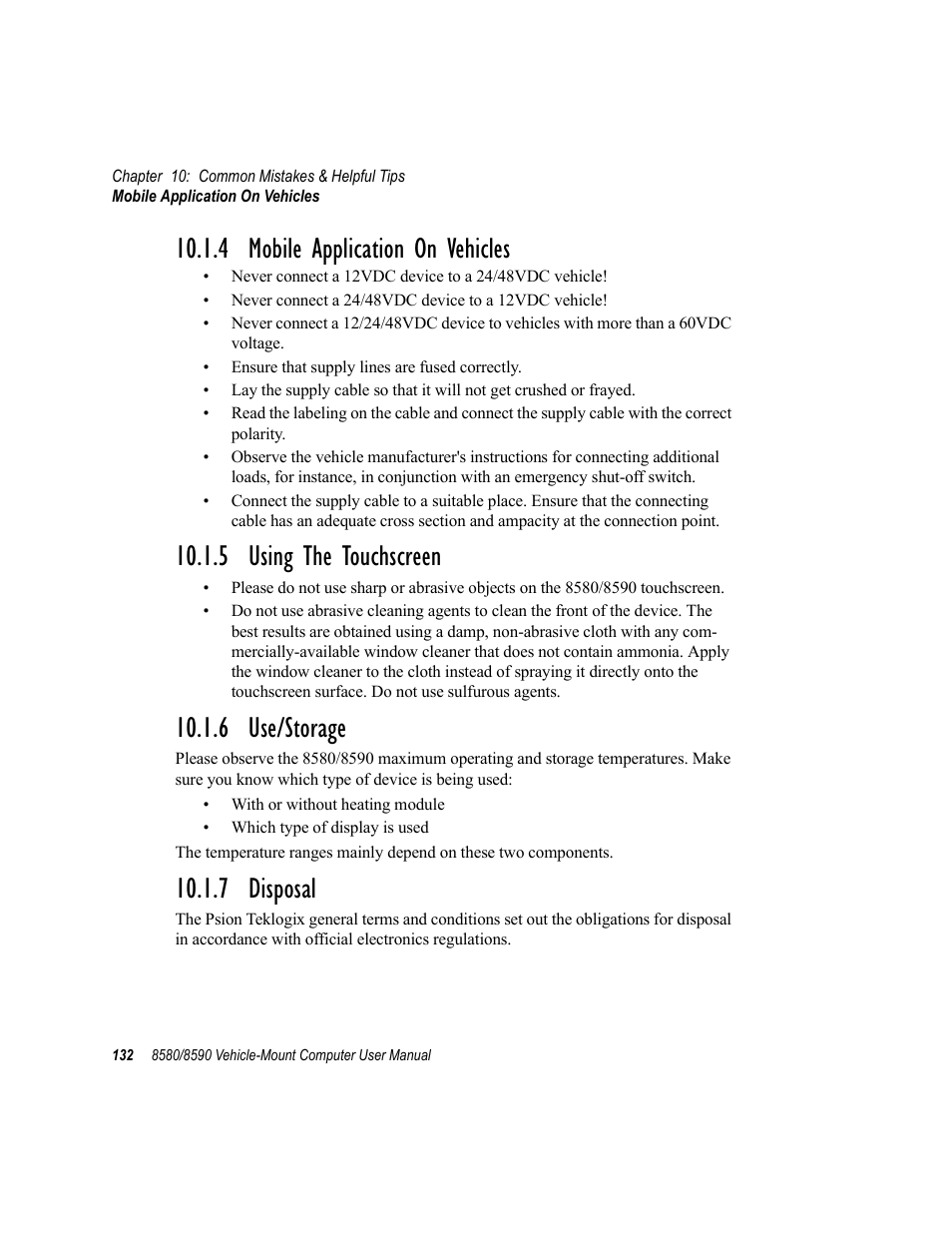 4 mobile application on vehicles, 5 using the touchscreen, 6 use/storage | 7 disposal | Psion Teklogix Vehicle-Mount Computer 8590 User Manual | Page 158 / 212