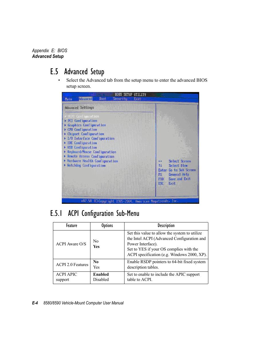 E.5 advanced setup, E.5.1 acpi configuration sub-menu | Psion Teklogix Vehicle-Mount Computer 8590 User Manual | Page 184 / 212