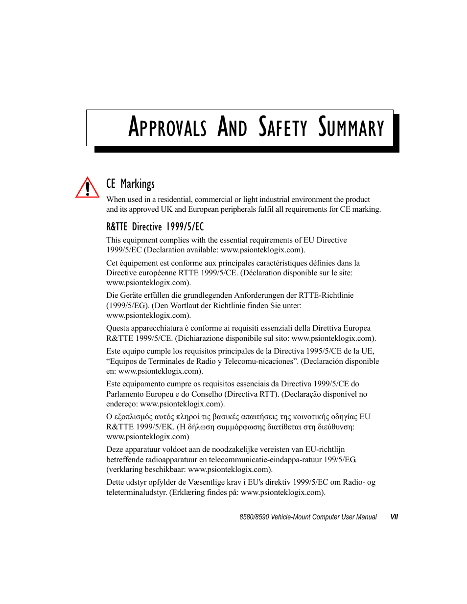 Approvals and safety summary, Pprovals, Afety | Ummary | Psion Teklogix Vehicle-Mount Computer 8590 User Manual | Page 19 / 212