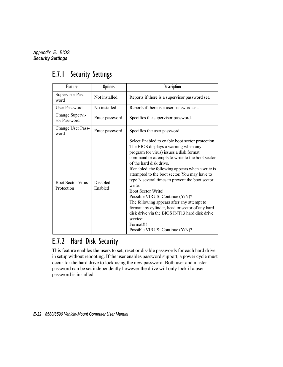 E.7.1 security settings, E.7.2 hard disk security, E.7.1 security settings e.7.2 hard disk security | Psion Teklogix Vehicle-Mount Computer 8590 User Manual | Page 202 / 212