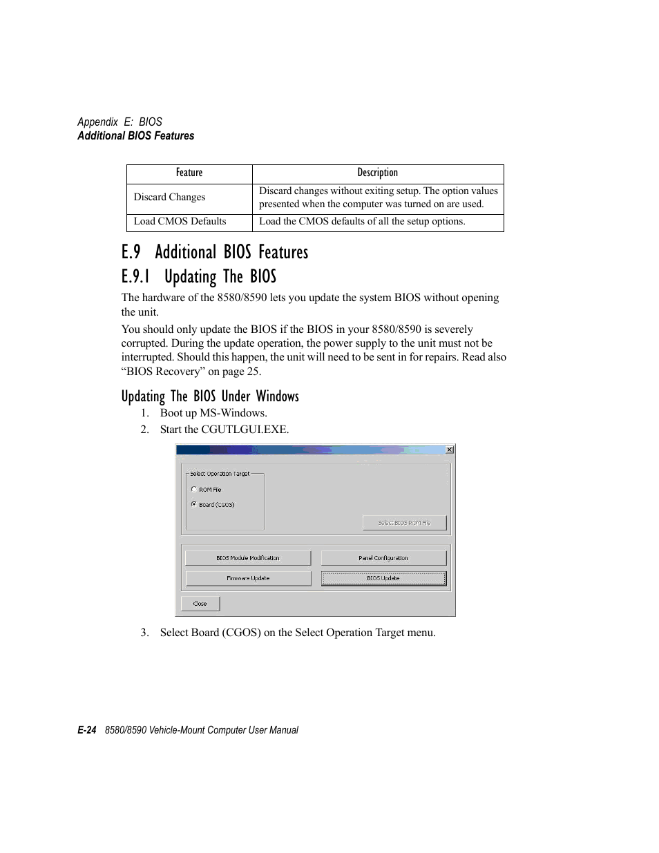 E.9 additional bios features, E.9.1 updating the bios, Updating the bios under windows | Psion Teklogix Vehicle-Mount Computer 8590 User Manual | Page 204 / 212