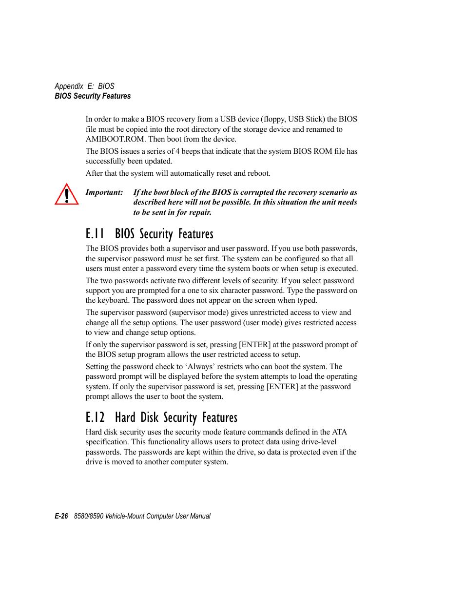 E.11 bios security features, E.12 hard disk security features | Psion Teklogix Vehicle-Mount Computer 8590 User Manual | Page 206 / 212