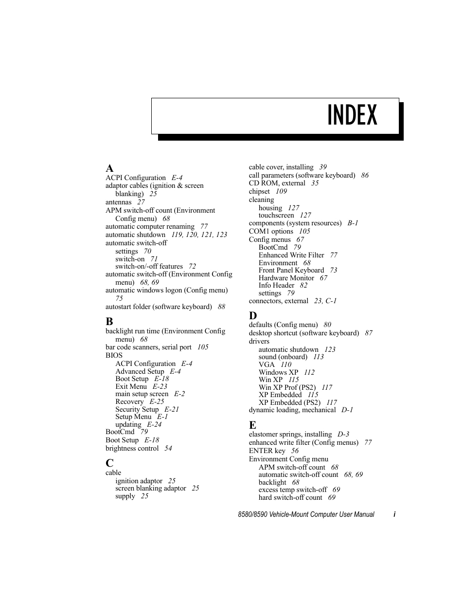 Index | Psion Teklogix Vehicle-Mount Computer 8590 User Manual | Page 209 / 212