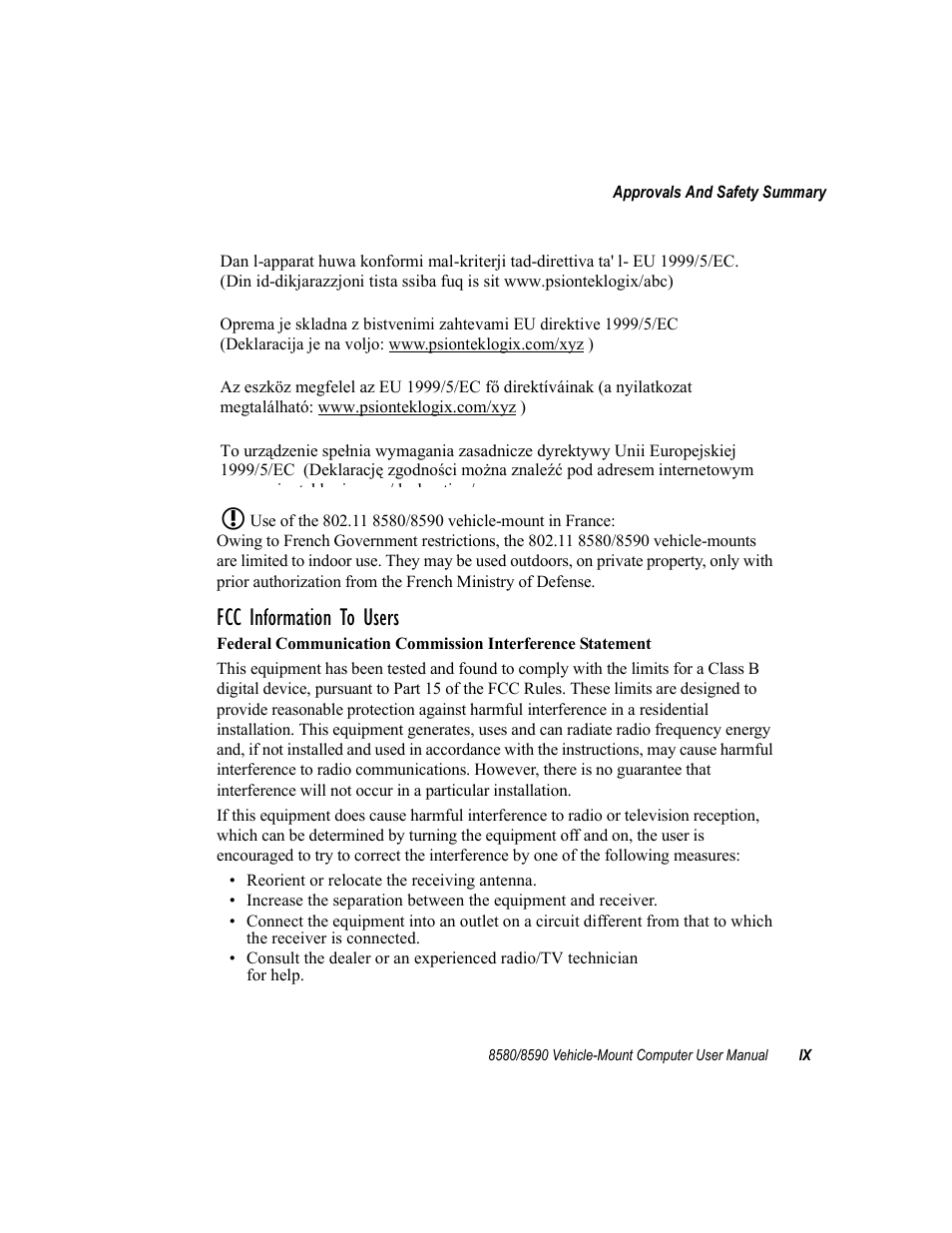 Fcc information to users | Psion Teklogix Vehicle-Mount Computer 8590 User Manual | Page 21 / 212