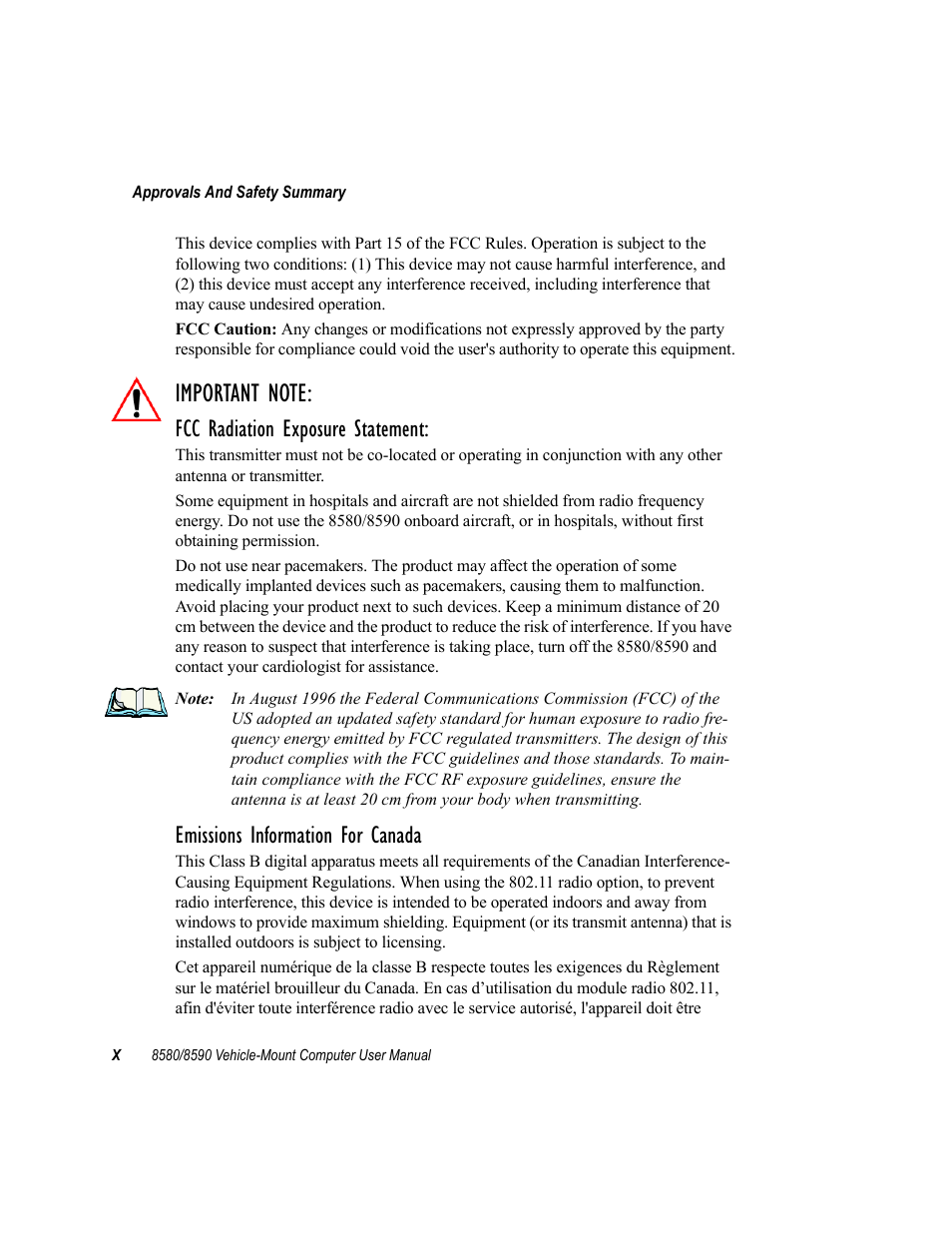 Fcc radiation exposure statement, Emissions information for canada | Psion Teklogix Vehicle-Mount Computer 8590 User Manual | Page 22 / 212
