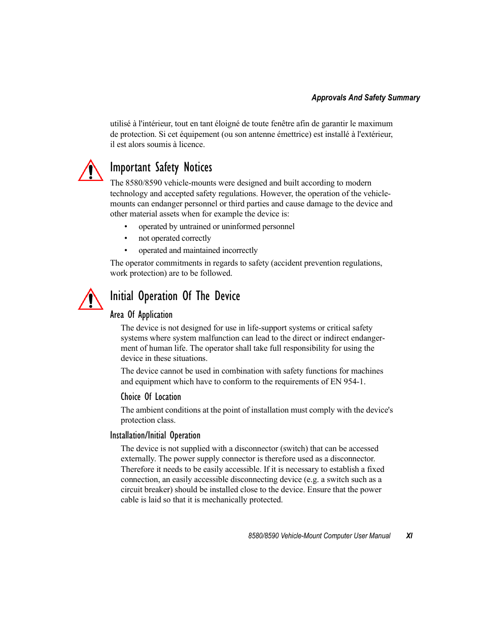 Important safety notices, Initial operation of the device | Psion Teklogix Vehicle-Mount Computer 8590 User Manual | Page 23 / 212