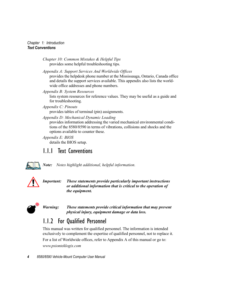 1 text conventions, 2 for qualified personnel, 1 text conventions 1.1.2 for qualified personnel | Psion Teklogix Vehicle-Mount Computer 8590 User Manual | Page 30 / 212