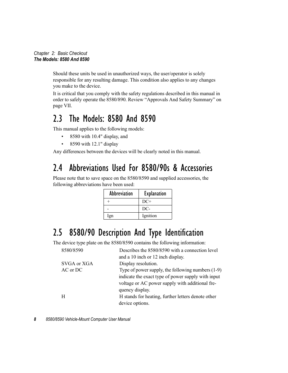 3 the models: 8580 and 8590, 4 abbreviations used for 8580/90s & accessories, 5 8580/90 description and type identification | Psion Teklogix Vehicle-Mount Computer 8590 User Manual | Page 34 / 212