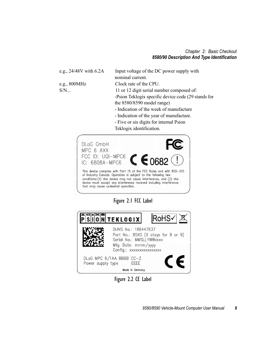 Figure 2.1 fcc label figure 2.2 ce label | Psion Teklogix Vehicle-Mount Computer 8590 User Manual | Page 35 / 212