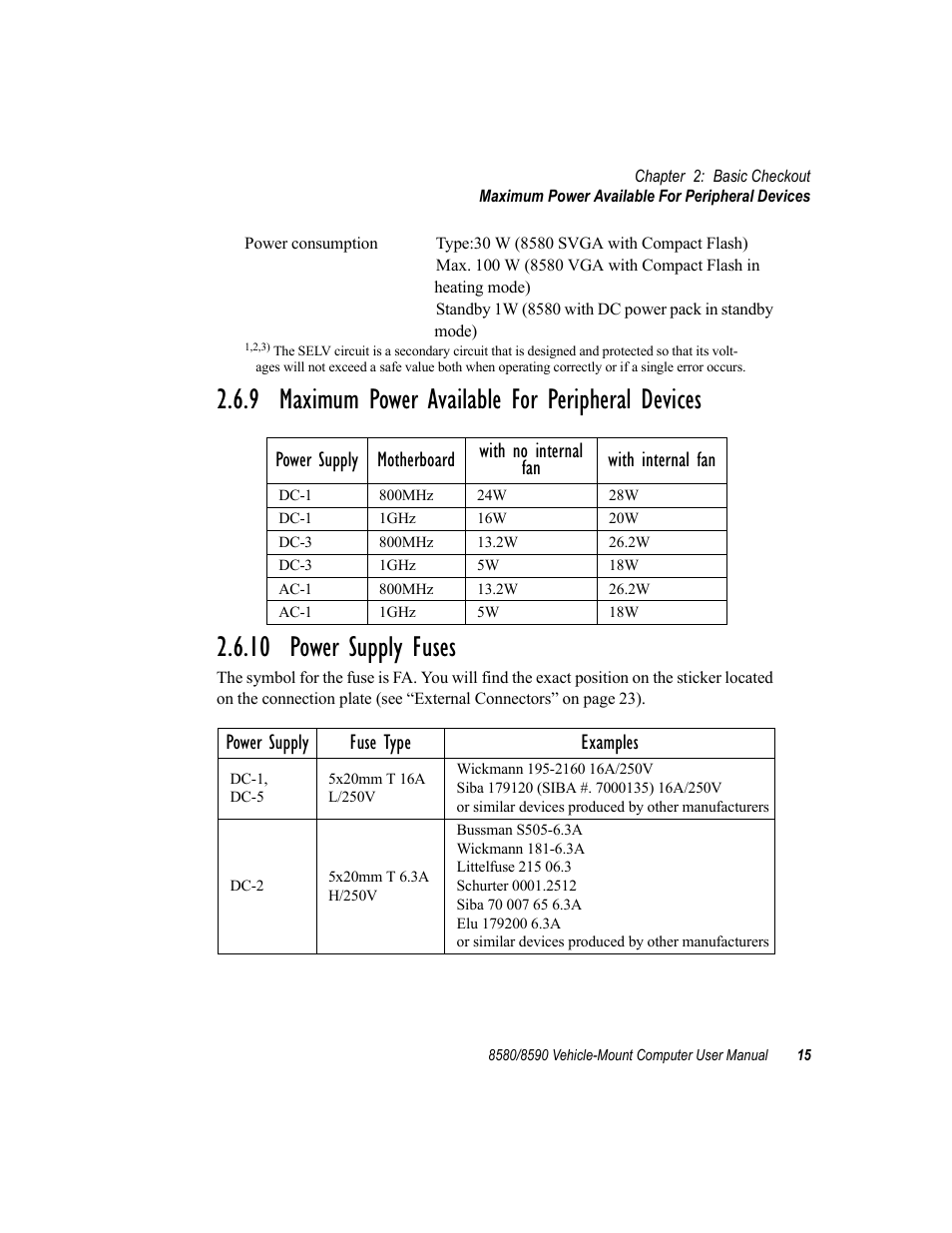 9 maximum power available for peripheral devices, 10 power supply fuses, Power supply fuse type examples | Psion Teklogix Vehicle-Mount Computer 8590 User Manual | Page 41 / 212