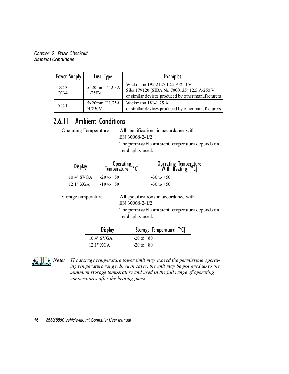 11 ambient conditions, Display storage temperature [°c, Power supply fuse type examples | Psion Teklogix Vehicle-Mount Computer 8590 User Manual | Page 42 / 212