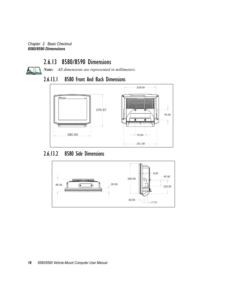 13 8580/8590 dimensions, 1 8580 front and back dimensions, 2 8580 side dimensions | 8580/8590 dimensions | Psion Teklogix Vehicle-Mount Computer 8590 User Manual | Page 44 / 212