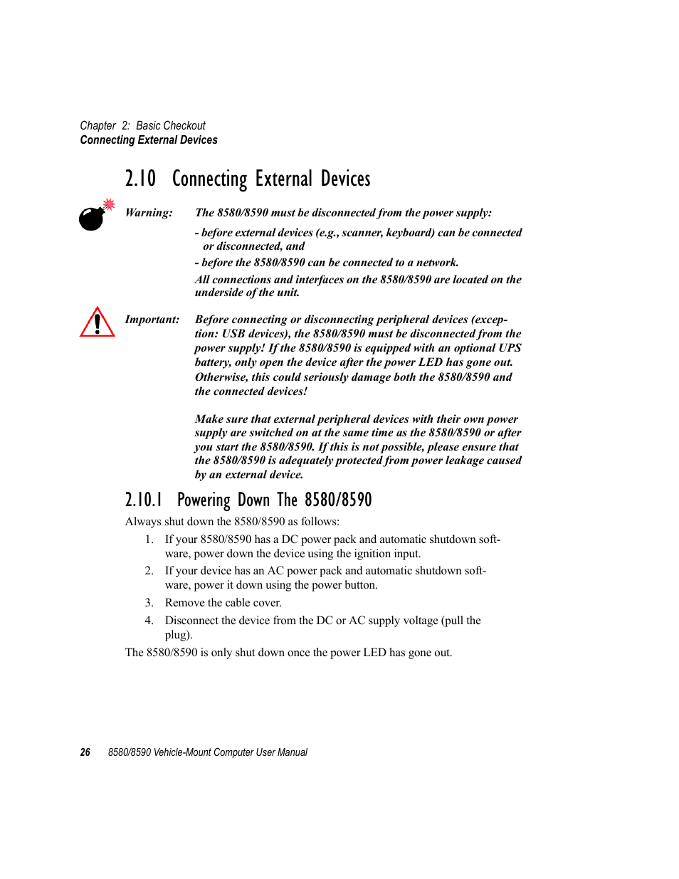 10 connecting external devices, 1 powering down the 8580/8590 | Psion Teklogix Vehicle-Mount Computer 8590 User Manual | Page 52 / 212