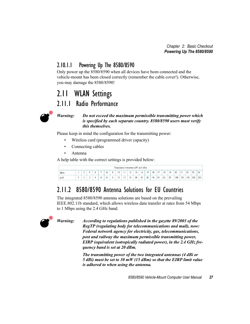 1 powering up the 8580/8590, 11 wlan settings, 1 radio performance | 2 8580/8590 antenna solutions for eu countries | Psion Teklogix Vehicle-Mount Computer 8590 User Manual | Page 53 / 212