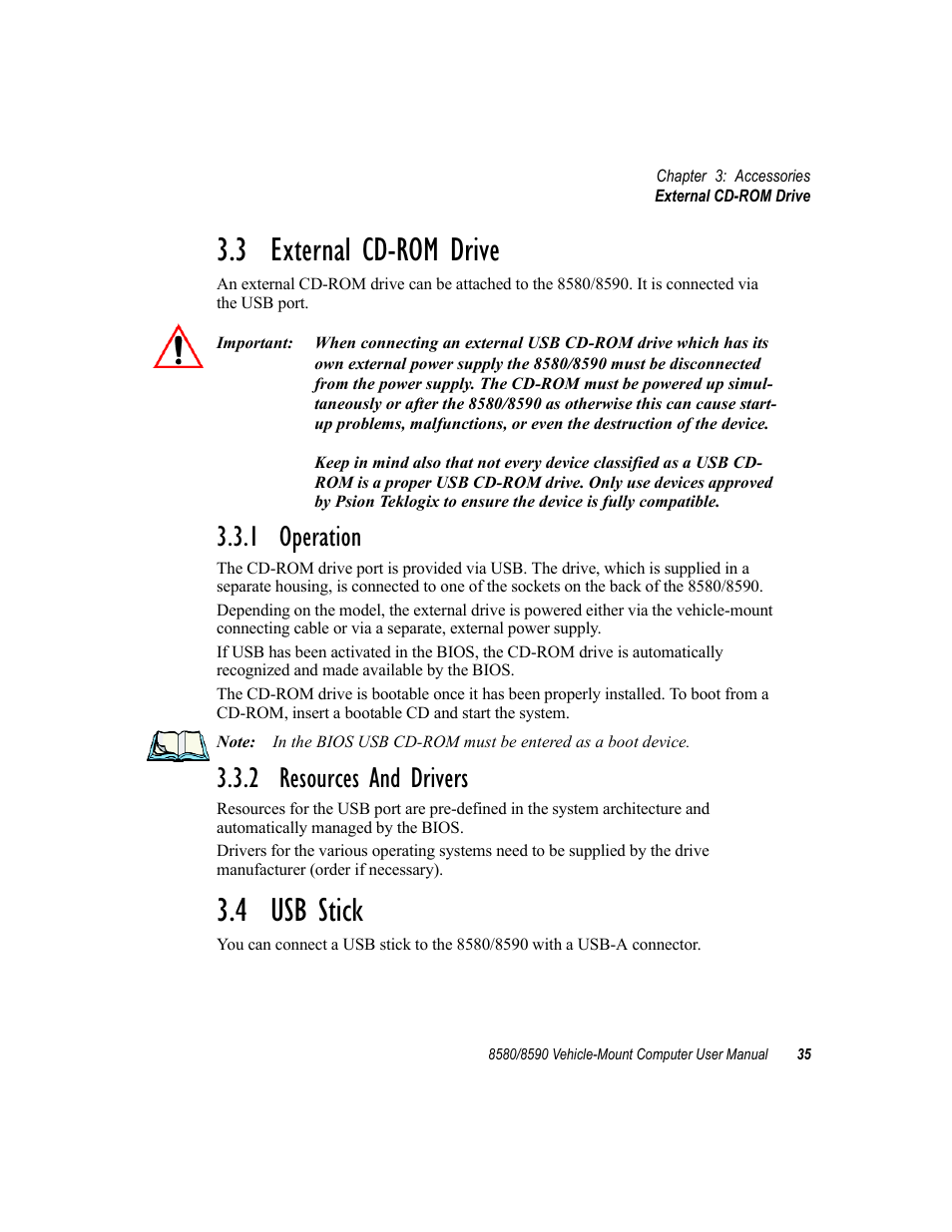 3 external cd-rom drive, 1 operation, 2 resources and drivers | 4 usb stick, 1 operation 3.3.2 resources and drivers | Psion Teklogix Vehicle-Mount Computer 8590 User Manual | Page 61 / 212