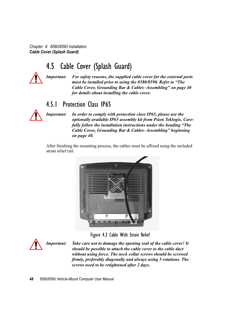 5 cable cover (splash guard), 1 protection class ip65 | Psion Teklogix Vehicle-Mount Computer 8590 User Manual | Page 74 / 212