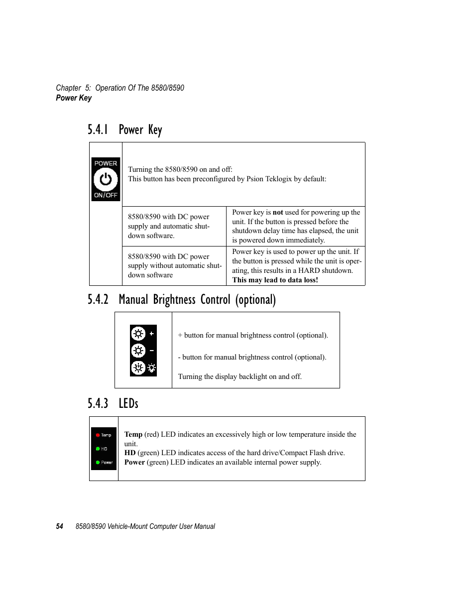 1 power key, 2 manual brightness control (optional), 3 leds | Psion Teklogix Vehicle-Mount Computer 8590 User Manual | Page 80 / 212