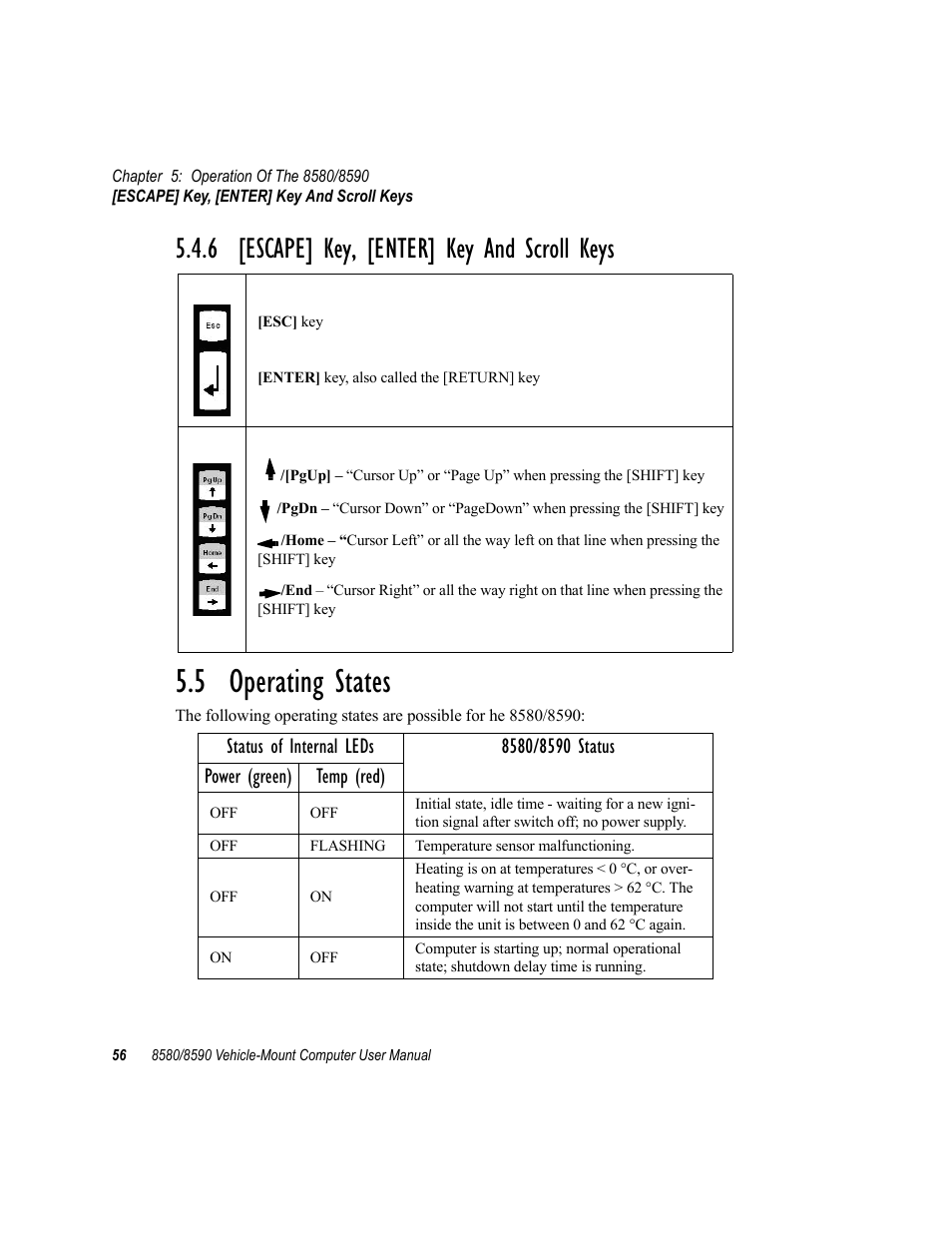6 [escape] key, [enter] key and scroll keys, 5 operating states | Psion Teklogix Vehicle-Mount Computer 8590 User Manual | Page 82 / 212