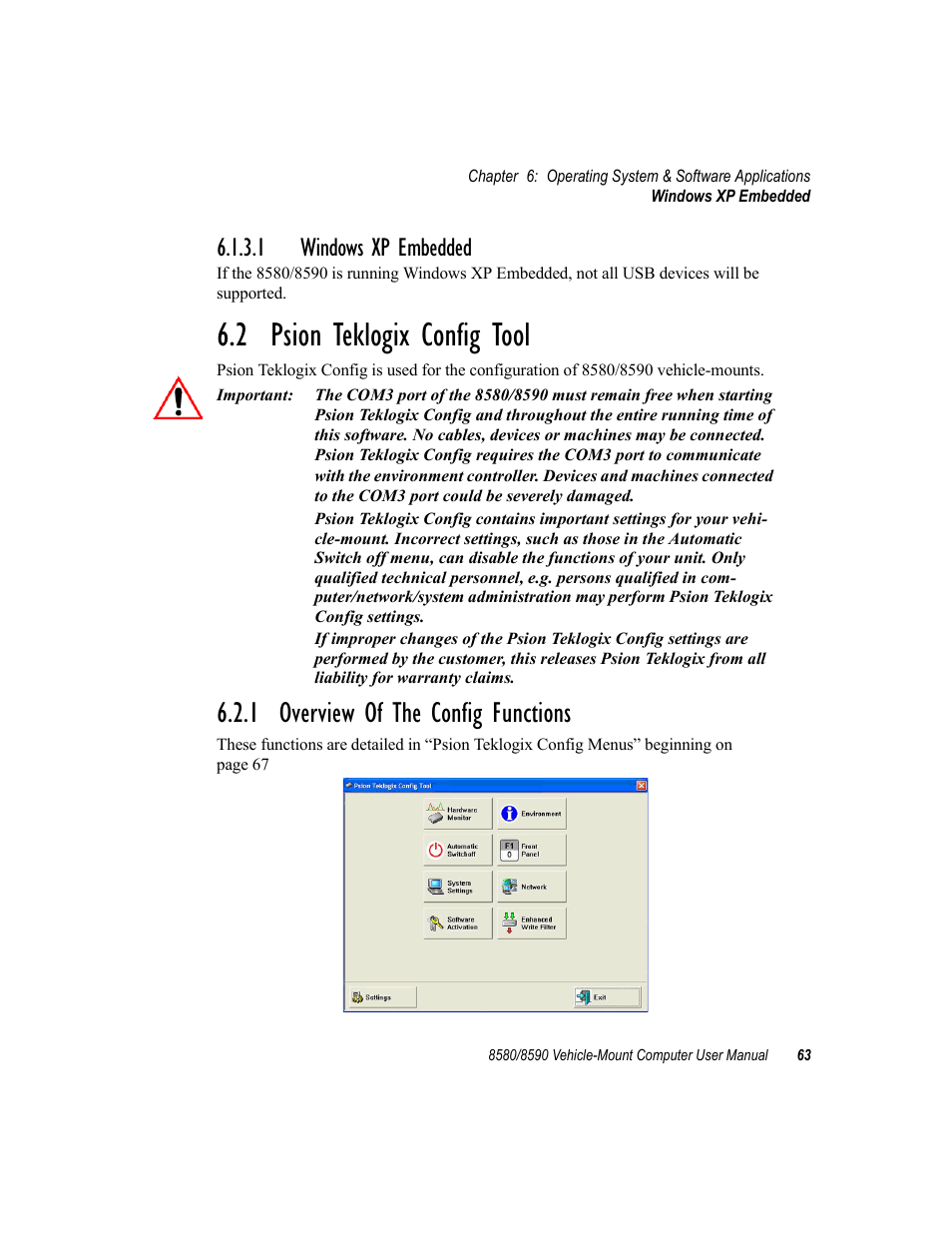 1 windows xp embedded, 2 psion teklogix config tool, 1 overview of the config functions | Psion Teklogix Vehicle-Mount Computer 8590 User Manual | Page 89 / 212