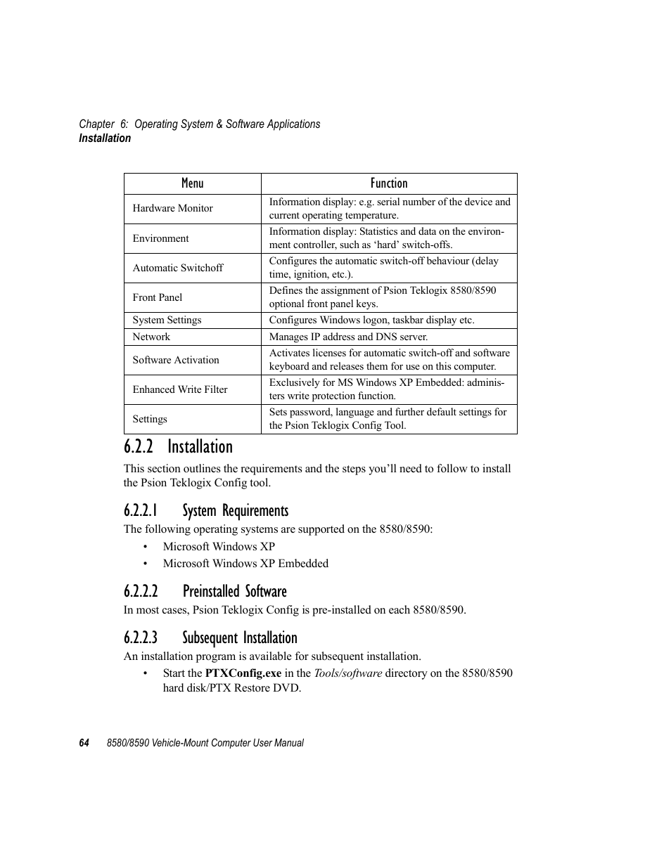 2 installation, 1 system requirements, 2 preinstalled software | 3 subsequent installation | Psion Teklogix Vehicle-Mount Computer 8590 User Manual | Page 90 / 212