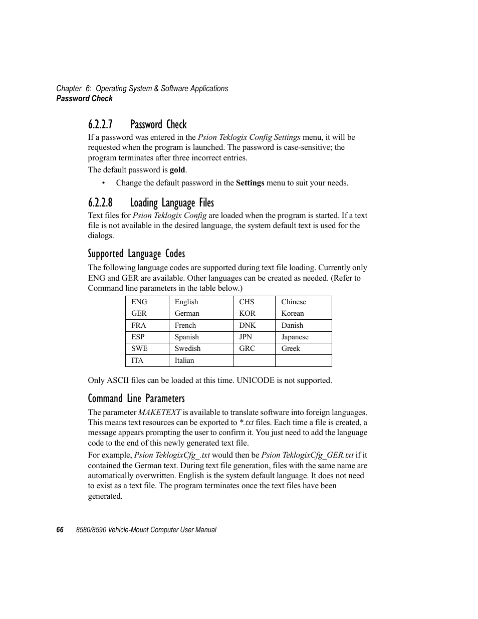 7 password check, 8 loading language files, 7 password check 6.2.2.8 loading language files | Supported language codes, Command line parameters | Psion Teklogix Vehicle-Mount Computer 8590 User Manual | Page 92 / 212