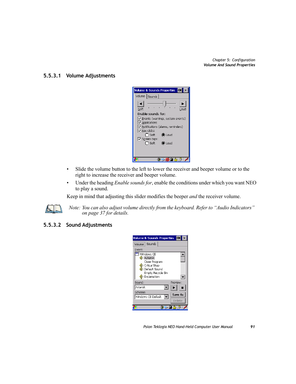 1 volume adjustments, 2 sound adjustments, Volume adjustments | Sound adjustments | Psion Teklogix NEO PX750 User Manual | Page 103 / 238