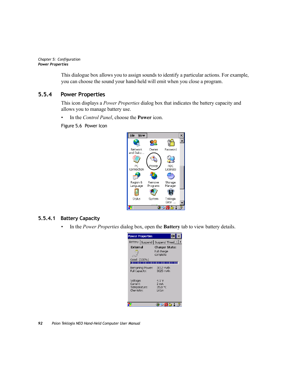 4 power properties, 1 battery capacity, Power properties 5.5.4.1 | Battery capacity | Psion Teklogix NEO PX750 User Manual | Page 104 / 238