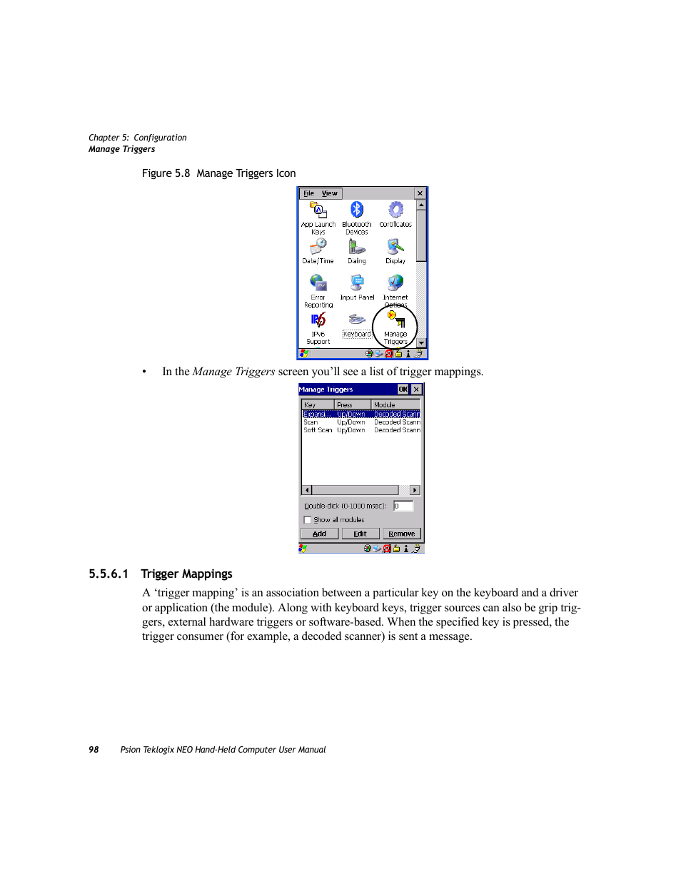1 trigger mappings, Trigger mappings | Psion Teklogix NEO PX750 User Manual | Page 110 / 238