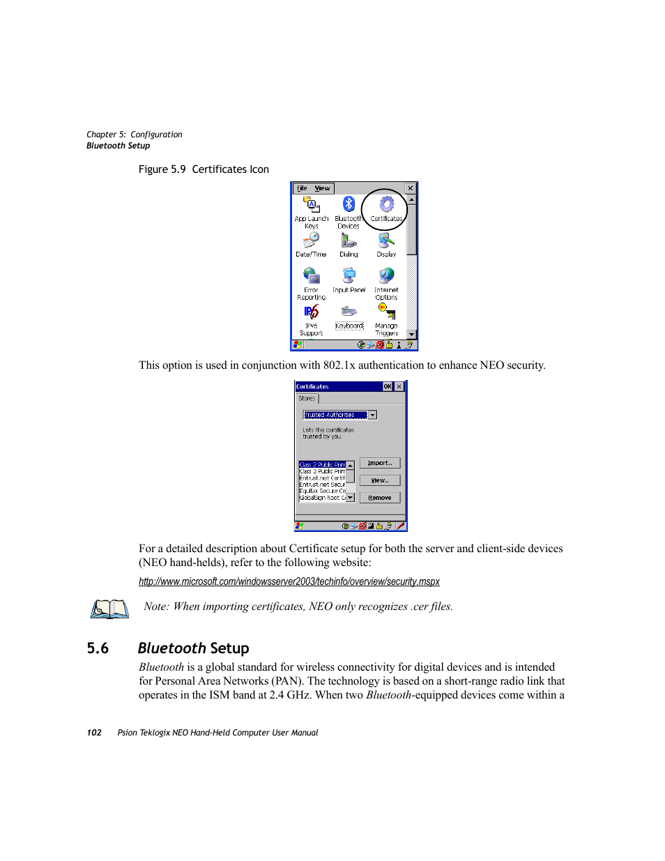 6 bluetooth setup, Bluetooth | Psion Teklogix NEO PX750 User Manual | Page 114 / 238