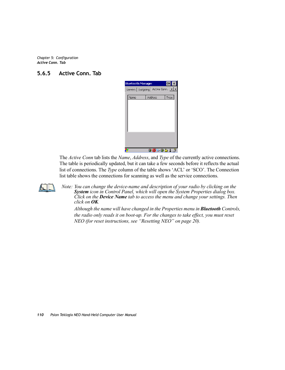 5 active conn. tab, Active conn. tab | Psion Teklogix NEO PX750 User Manual | Page 122 / 238