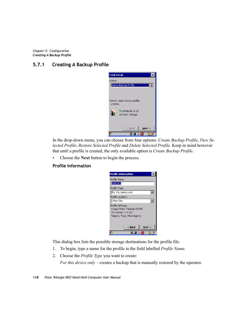 1 creating a backup profile, Creating a backup profile | Psion Teklogix NEO PX750 User Manual | Page 130 / 238