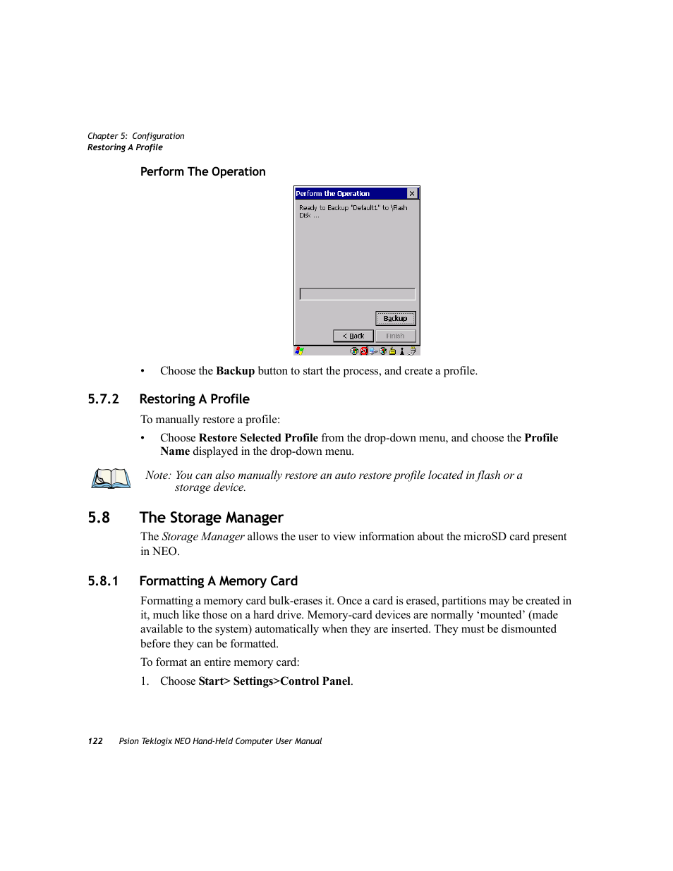 2 restoring a profile, 8 the storage manager, 1 formatting a memory card | Restoring a profile, The storage manager 5.8.1, Formatting a memory card | Psion Teklogix NEO PX750 User Manual | Page 134 / 238