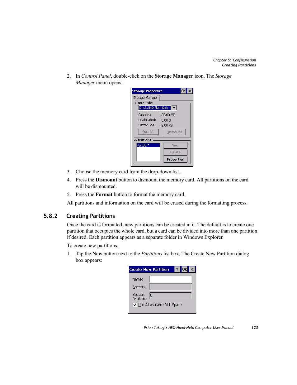 2 creating partitions, Creating partitions | Psion Teklogix NEO PX750 User Manual | Page 135 / 238