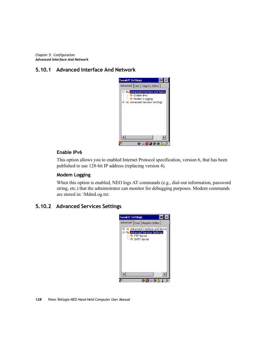 1 advanced interface and network, 2 advanced services settings | Psion Teklogix NEO PX750 User Manual | Page 140 / 238