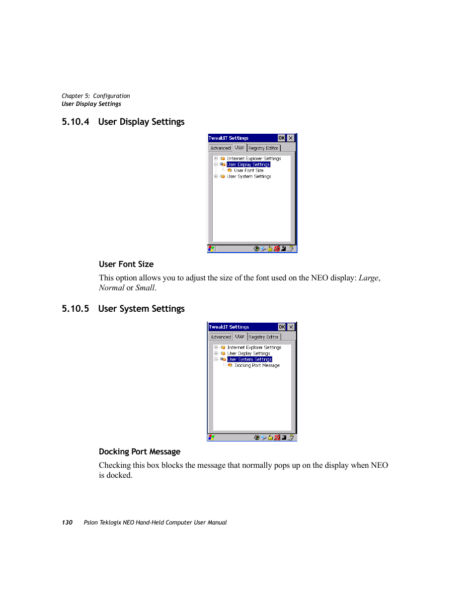 4 user display settings, 5 user system settings, User display settings | Psion Teklogix NEO PX750 User Manual | Page 142 / 238