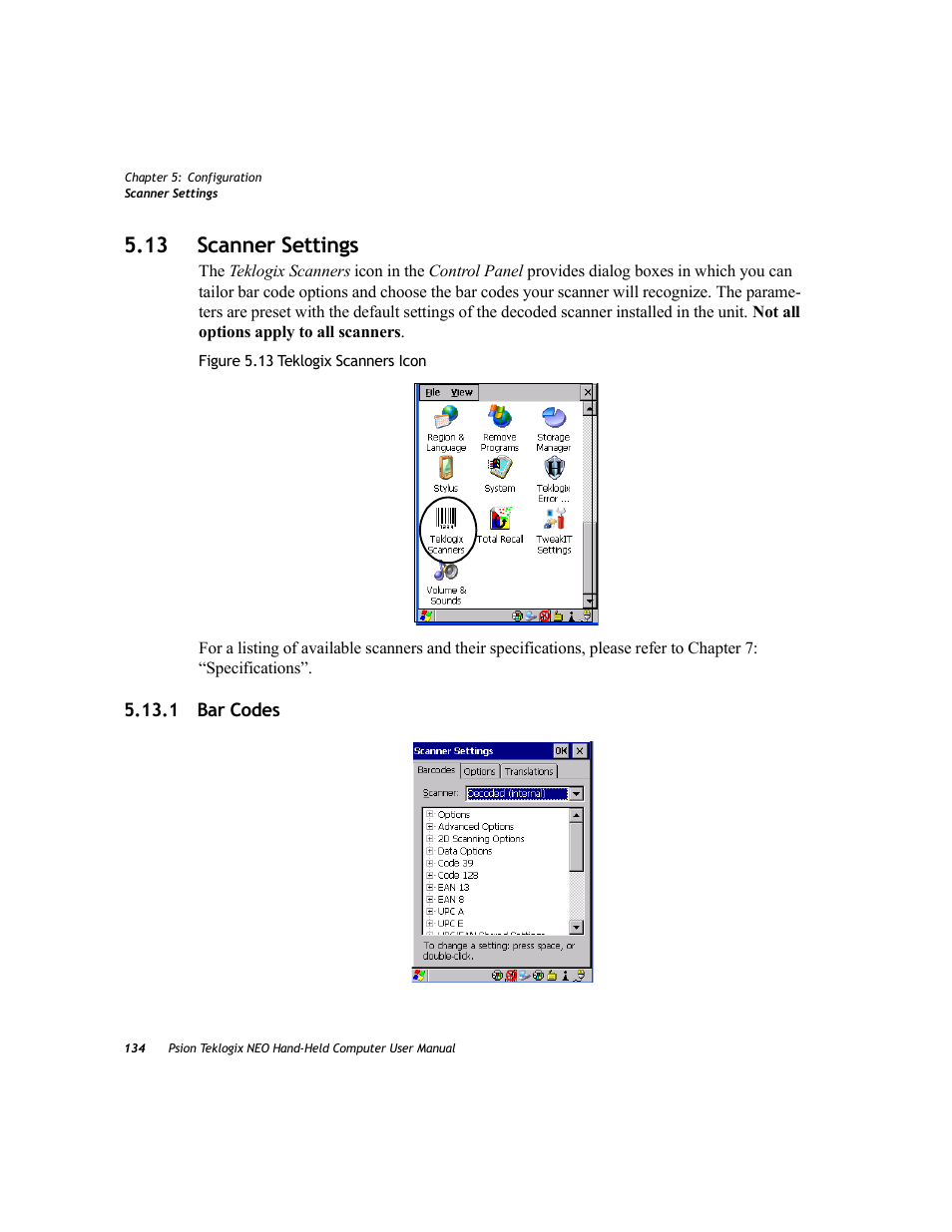 13 scanner settings, 1 bar codes | Psion Teklogix NEO PX750 User Manual | Page 146 / 238