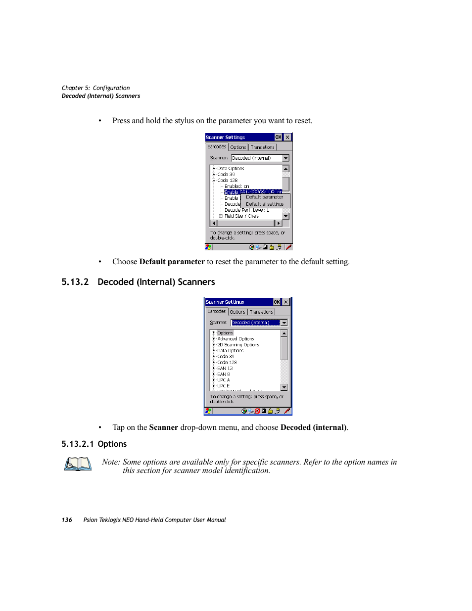 2 decoded (internal) scanners, 1 options | Psion Teklogix NEO PX750 User Manual | Page 148 / 238