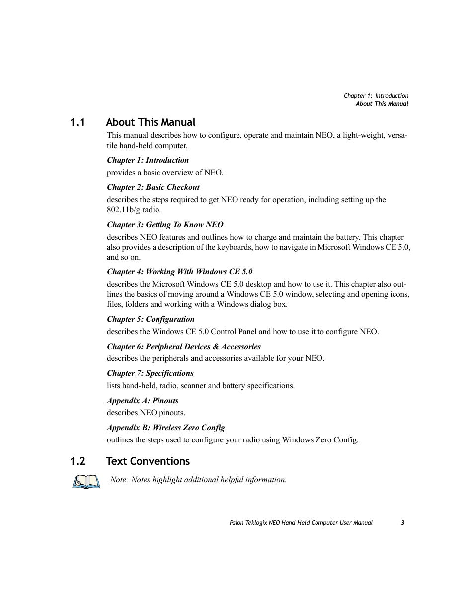 1 about this manual, 2 text conventions, About this manual | Text conventions | Psion Teklogix NEO PX750 User Manual | Page 15 / 238