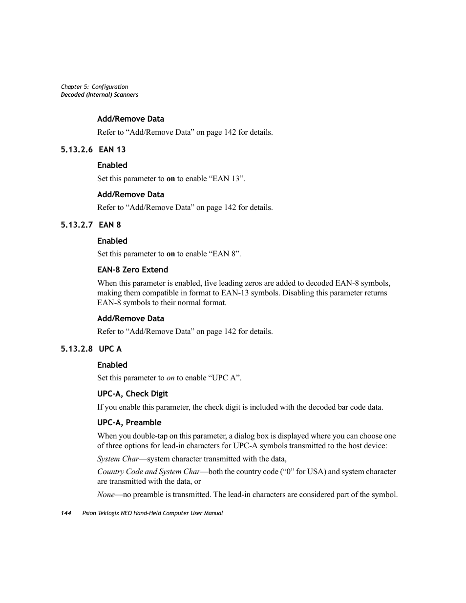6 ean 13, 7 ean 8, 8 upc a | 6 ean 13 5.13.2.7 ean 8 5.13.2.8 upc a | Psion Teklogix NEO PX750 User Manual | Page 156 / 238