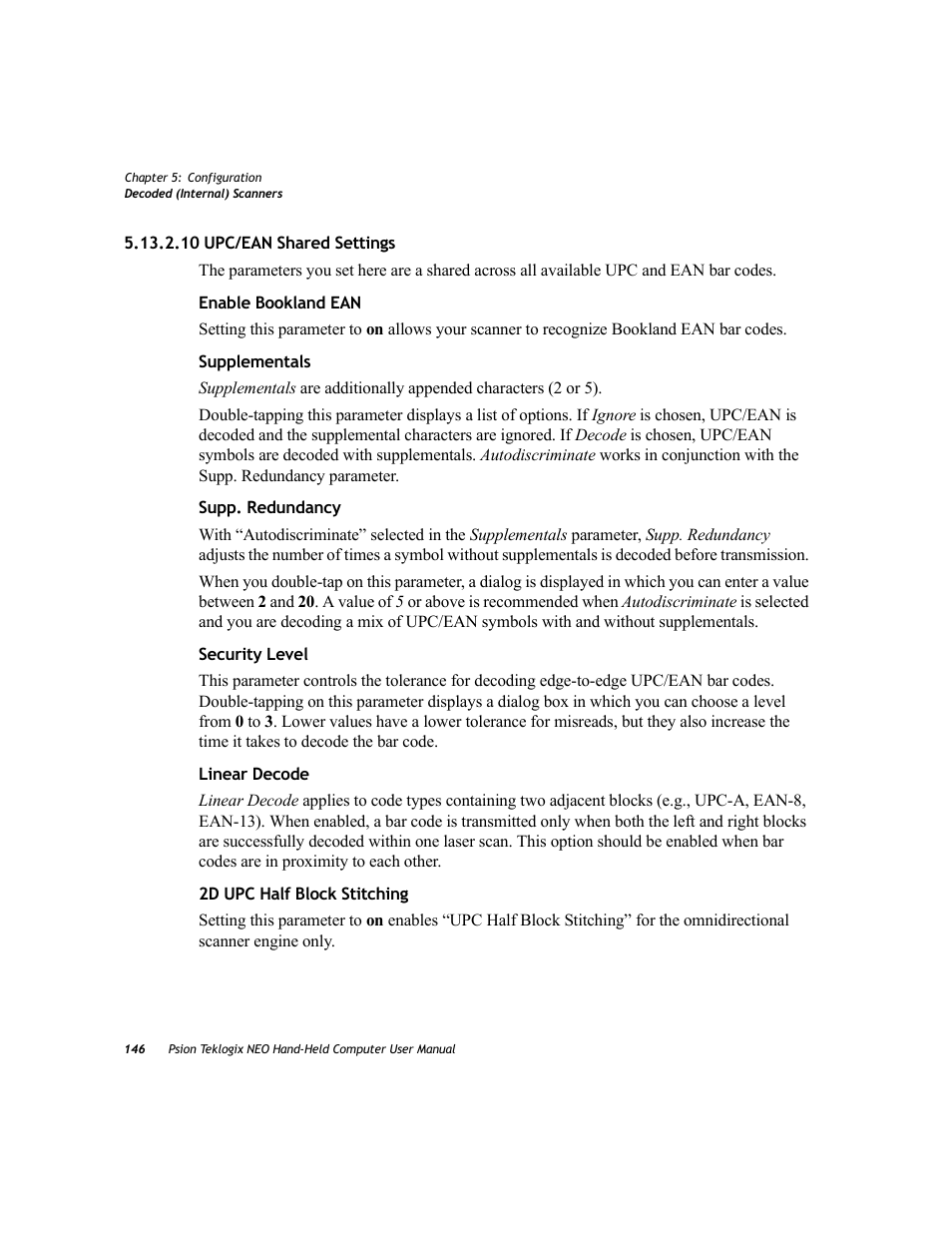 10 upc/ean shared settings | Psion Teklogix NEO PX750 User Manual | Page 158 / 238
