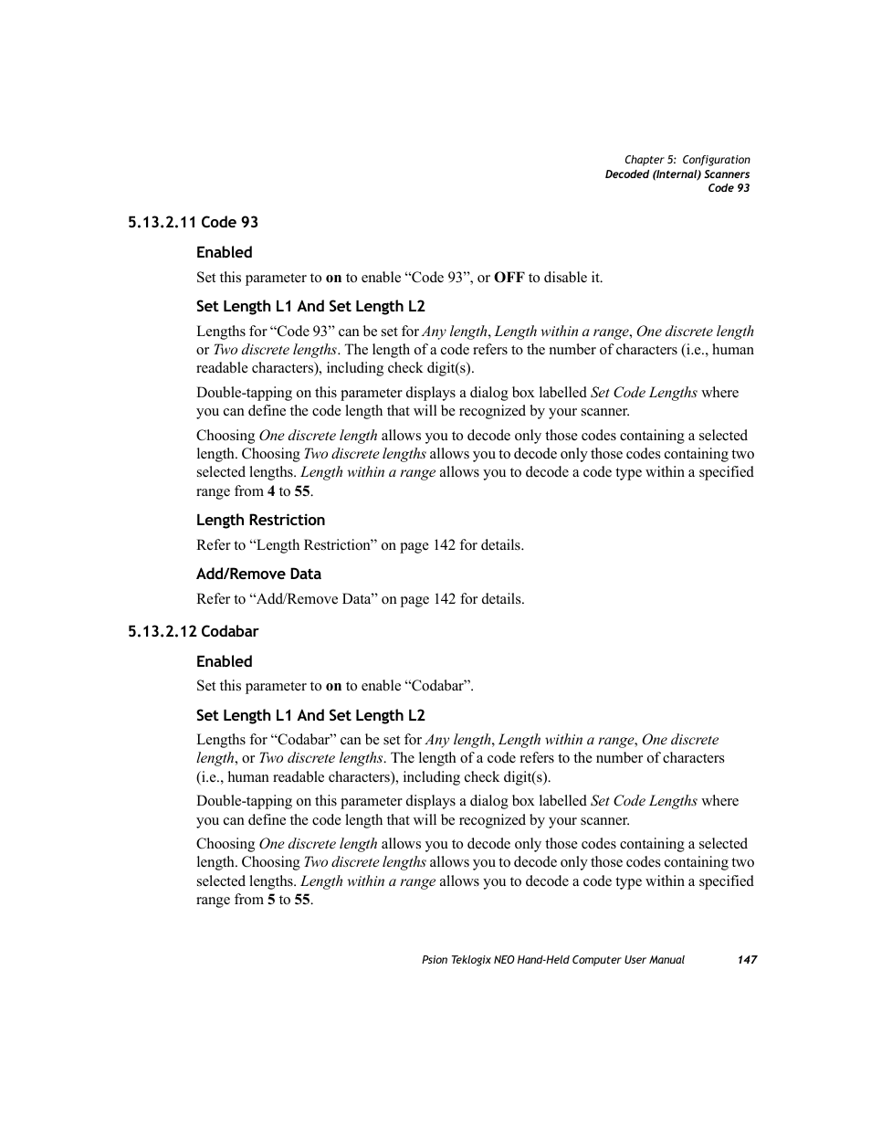 11 code 93, 12 codabar, 11 code 93 5.13.2.12 codabar | Psion Teklogix NEO PX750 User Manual | Page 159 / 238