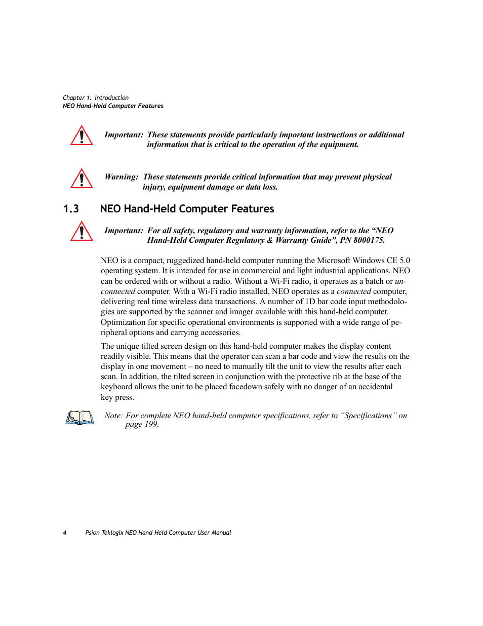 3 neo hand-held computer features, Neo hand-held computer features | Psion Teklogix NEO PX750 User Manual | Page 16 / 238