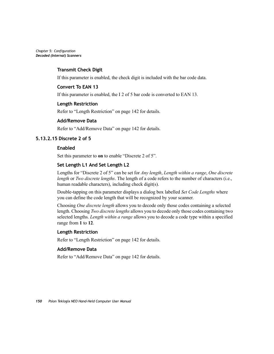 15 discrete 2 of 5 | Psion Teklogix NEO PX750 User Manual | Page 162 / 238