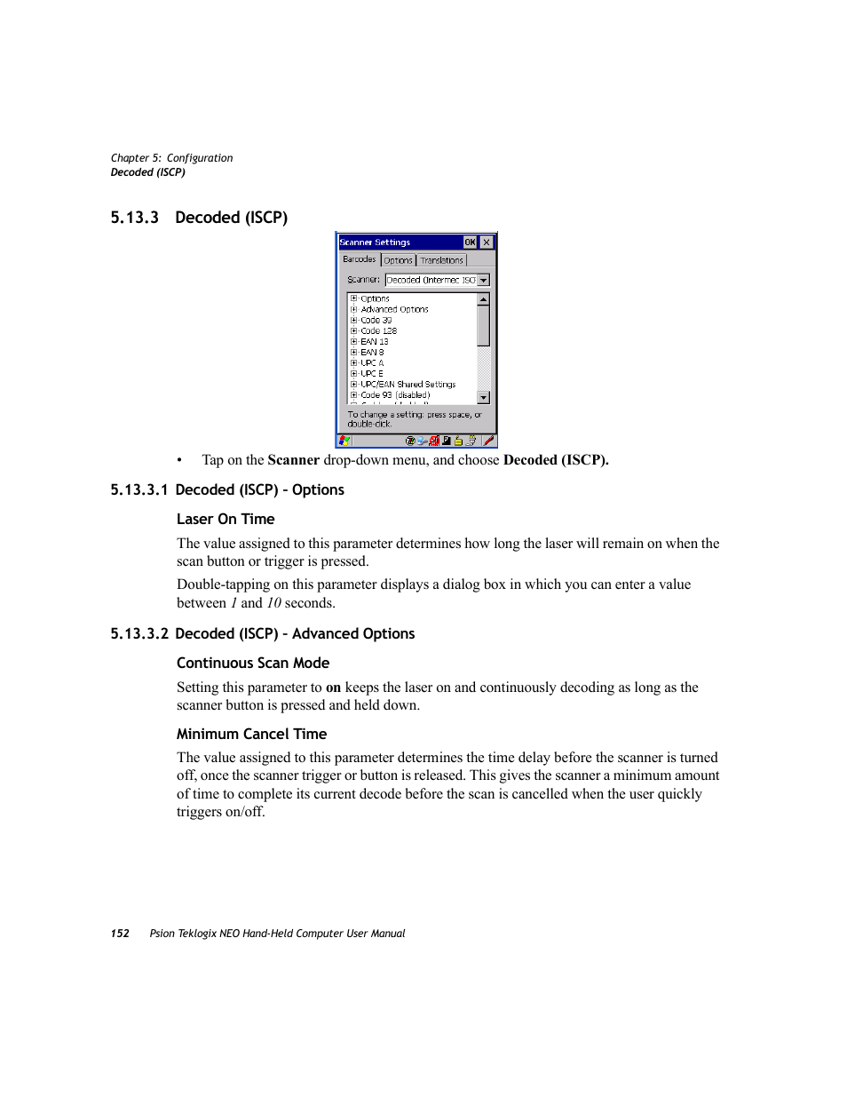 3 decoded (iscp), 1 decoded (iscp) – options, 2 decoded (iscp) – advanced options | Psion Teklogix NEO PX750 User Manual | Page 164 / 238