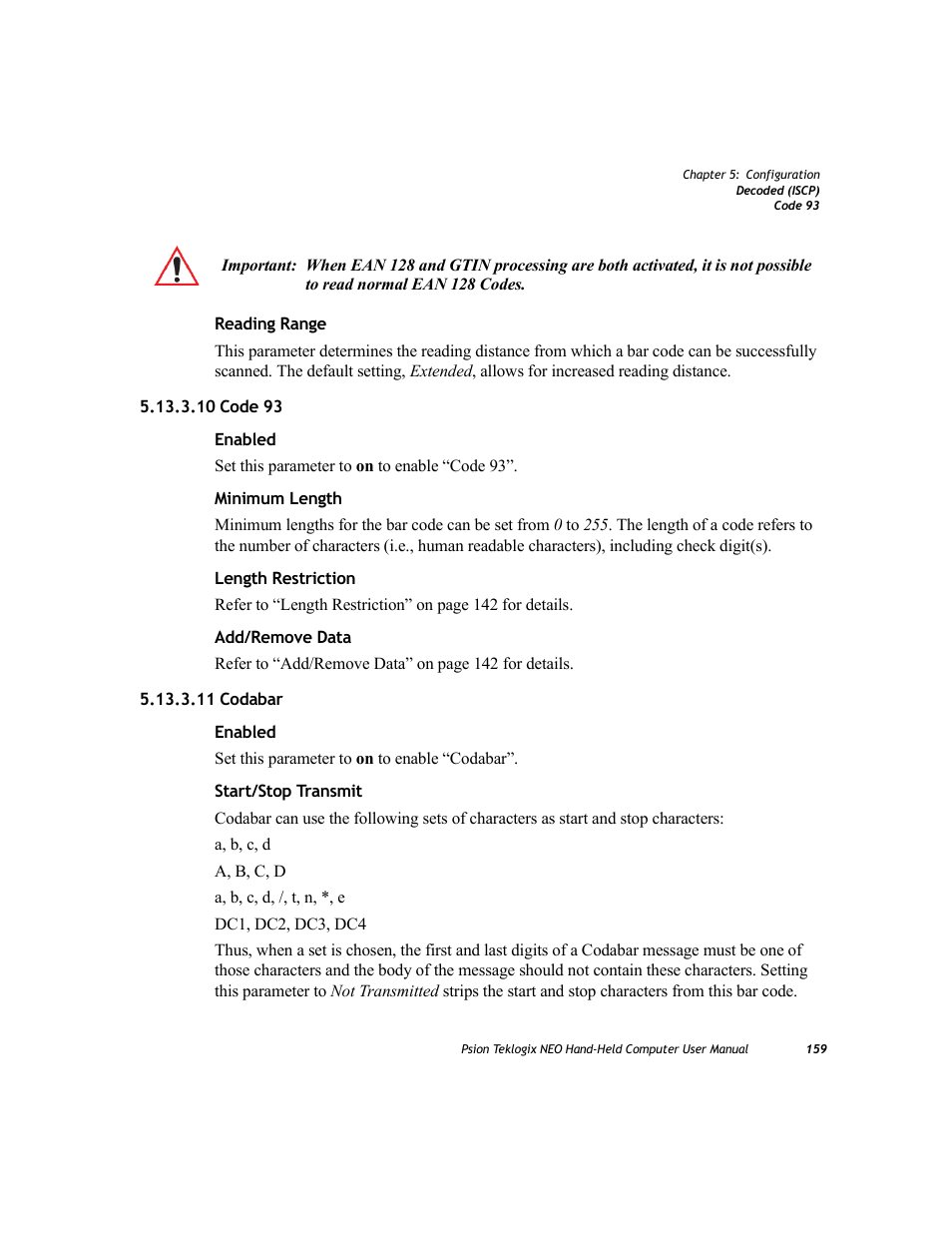 10 code 93, 11 codabar, 10 code 93 5.13.3.11 codabar | Psion Teklogix NEO PX750 User Manual | Page 171 / 238