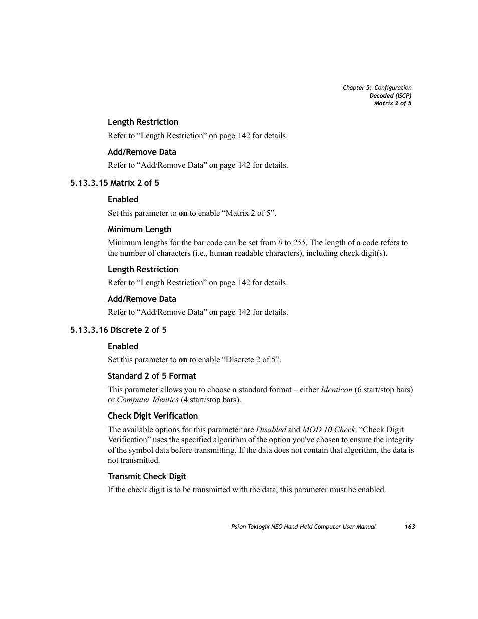 15 matrix 2 of 5, 16 discrete 2 of 5, 15 matrix 2 of 5 5.13.3.16 discrete 2 of 5 | Psion Teklogix NEO PX750 User Manual | Page 175 / 238
