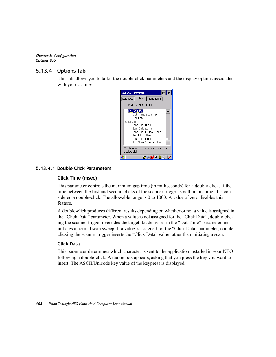 4 options tab, 1 double click parameters | Psion Teklogix NEO PX750 User Manual | Page 180 / 238