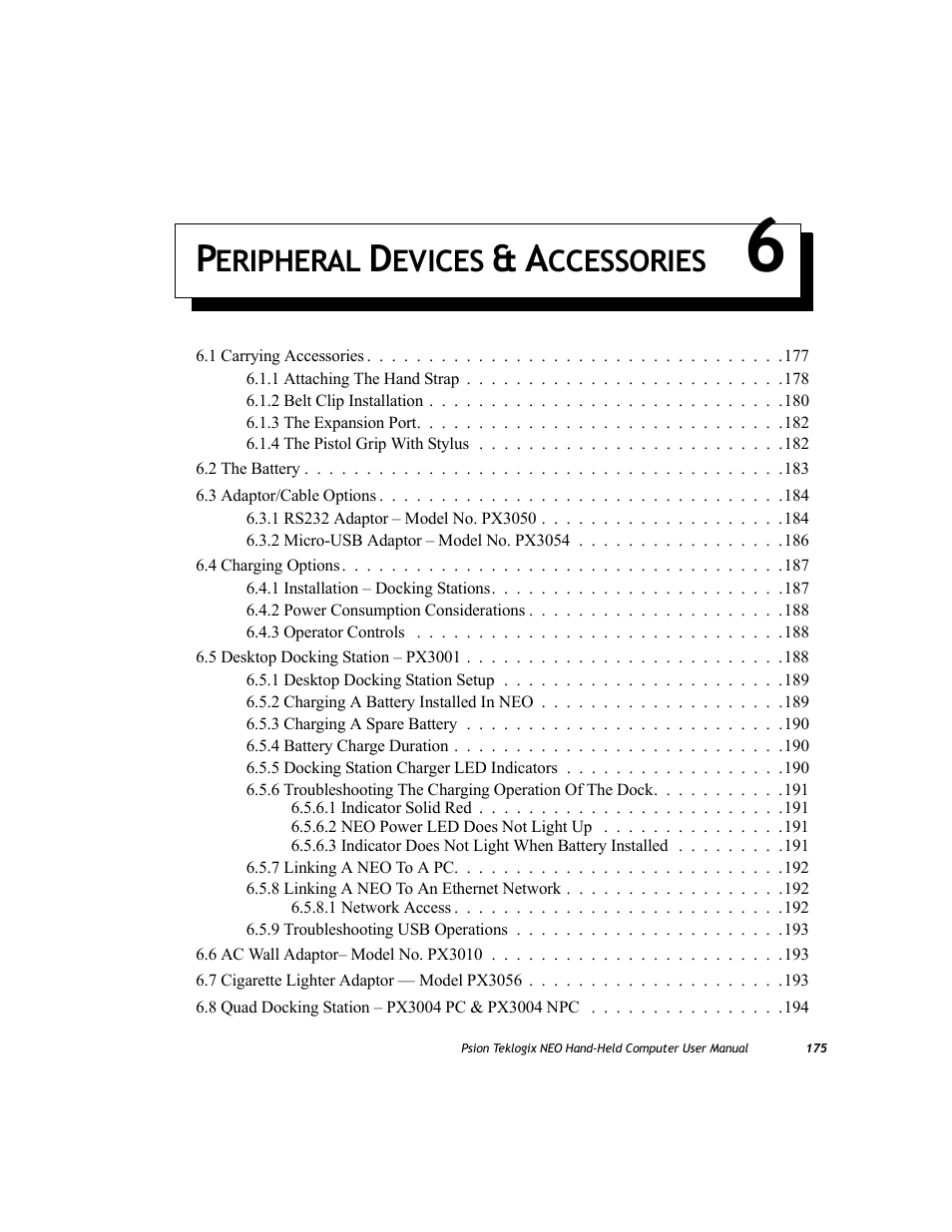 Peripheral devices & accessories 6, Chapter 6: peripheral devices & accessories, Eripheral | Evices, Ccessories | Psion Teklogix NEO PX750 User Manual | Page 187 / 238