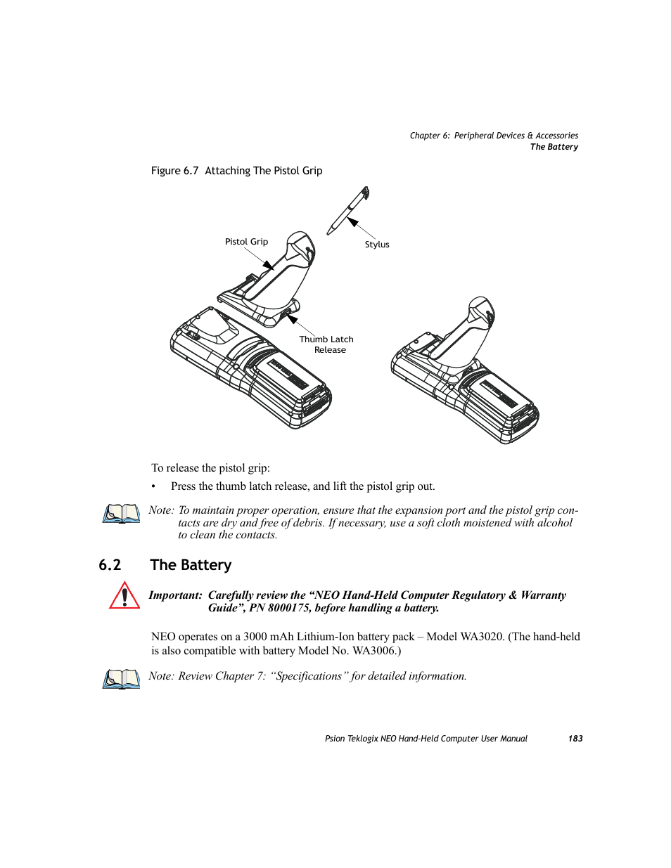 2 the battery, The battery | Psion Teklogix NEO PX750 User Manual | Page 195 / 238