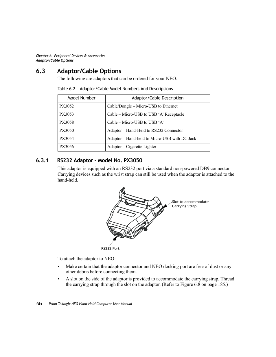 3 adaptor/cable options, 1 rs232 adaptor – model no. px3050, Adaptor/cable options 6.3.1 | Rs232 adaptor – model no. px3050 | Psion Teklogix NEO PX750 User Manual | Page 196 / 238